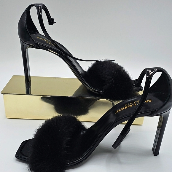 Saint Laurent Black Fur Strap Heels 37 1/2 - Picture 1 of 16